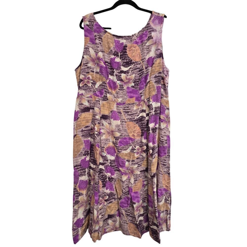 Vtg Plus Size 22 Midi Dress Purple Beige Floral Abstract Y2K Cottagecore Boho
